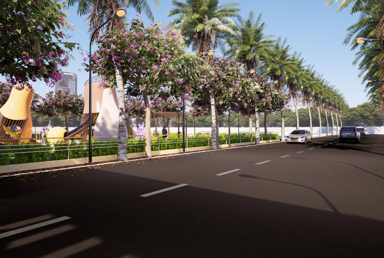 Paramhans Valley wide internal road with palm trees